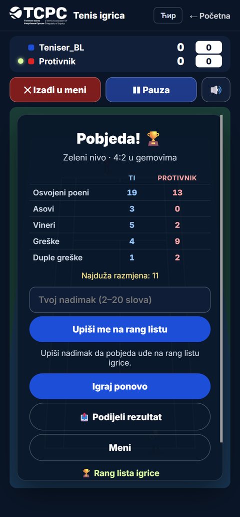 Tenis igrica — statistika na kraju meča